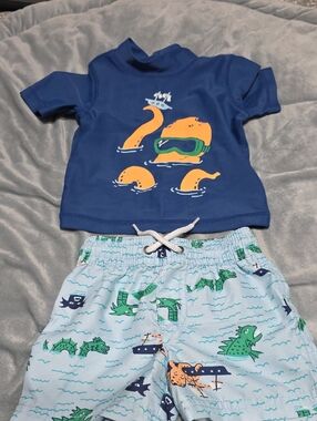 Carter's Light Blue Swim Set with Green Sea Creature Print